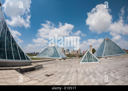 Un fisheye vue sur les pyramides de verre de la Muttart Conservatory et l'horizon d'Edmonton. Edmonton, Alberta, Canada. Banque D'Images