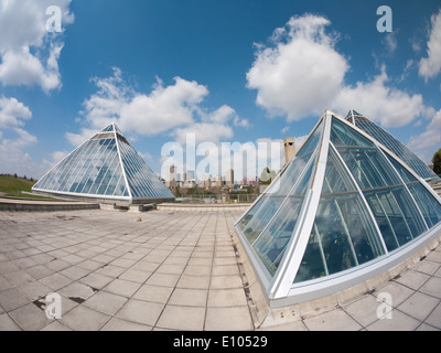 Un fisheye vue sur les pyramides de verre de la Muttart Conservatory et l'horizon d'Edmonton. Edmonton, Alberta, Canada. Banque D'Images