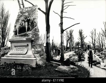 Avril 04, 1981 - Pour le bien-aimé les chiens : certains ont à vivre comme des êtres humains, alors pourquoi devraient-ils être des animaux après la mort ? Le cimetière pour chiens à Paris - où seulement trois fois plus de gens que les chiens vivent - permet aux gens d'avoir enterré leurs animaux bien-aimés pour 500 à 1000 francs français. Photo montre : La pierre tombale de Swiss ''San Diego'' chien ''Barry'' (à gauche) qui a sauvé la vie de plus de 40 personnes dans les montagnes. Banque D'Images