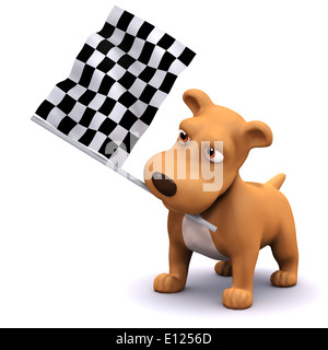 3D render of a dog en agitant le drapeau à damier Banque D'Images