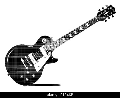 Une guitare électrique noire dimensions avec marquages grunge isolé sur fond blanc Banque D'Images