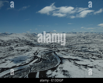 Un relevé effectué en 2013 dans les montagnes Kilbuck, qui font partie du refuge faunique national du delta du Yukon, a permis de suivre des rapaces dans la région à l'aide d'un hélicoptère. Le relevé faisait partie des efforts continus de surveillance de la faune visant à évaluer les populations et les comportements des rapaces dans cette région écologiquement importante de l’Alaska. Les rapaces jouent un rôle essentiel dans le maintien de l'équilibre des écosystèmes locaux. Banque D'Images