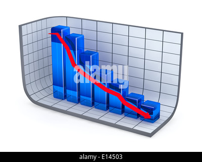 Diagramme à barres de croissance et flèche rouge en descente Banque D'Images