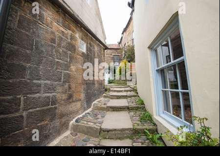 Sentier qui monte entre les étapes pavées old country cottages en anglais village rural Banque D'Images