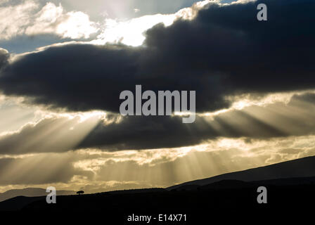 Les rayons du soleil percent les nuages dans la lumière du soir, près de Barrydale, Route 62, Western Cape, Afrique du Sud Banque D'Images