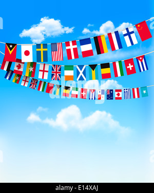 Monde bunting les drapeaux sur ciel bleu. Vector illustration Banque D'Images