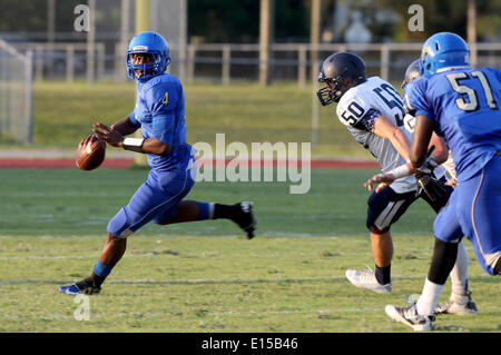 22 mai 2014 - Largo, Floride, États-Unis - DOUGLAS R. CLIFFORD.Largo High School quarterback Donovan Hale (4) brouille au cours d'une note de jouer alors qu'avec Palm Harbor High School de l'Université au cours du jeudi (5/22/14) jeu de football de Printemps à Largo. (Crédit Image : © Douglas R. Clifford/Tampa Bay Times/ZUMAPRESS.com) Banque D'Images