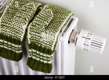Paire de gants tricot vert le séchage sur le radiateur avec thermostat Banque D'Images