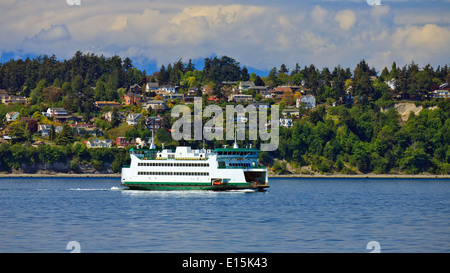 Traversier sur l'eau calme en passant par un paysage pittoresque couverte d'arbres verts et des maisons dispersées le long de la colline. Banque D'Images