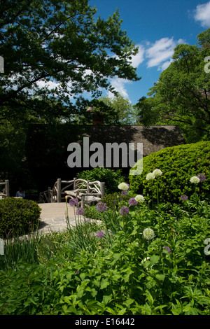 Un banc en bois et des fleurs en un jour d'été - Shakespeare's Garden dans Central Park, New York, NY, USA. Banque D'Images