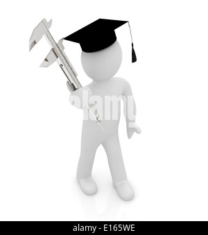 3d man in graduation hat avec pied à coulisse sur un fond blanc Banque D'Images