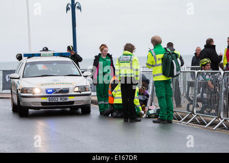 Aberystwyth, Pays de Galles, Royaume-Uni. 23 mai, 2014. Des conditions glissantes, causer des problèmes pour les coureurs pendant Aber Cyclefest. Crédit : Jon Freeman/Alamy Live News Banque D'Images