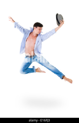 Hip hop dancer jumping over white background Banque D'Images