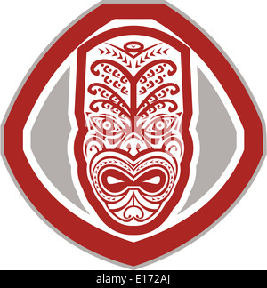 Illustration d'un masque traditionnel maori face vers l'avant à l'intérieur set shield fait dans le style rétro sur fond isolé. Banque D'Images