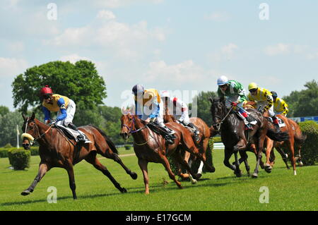 BRATISLAVA, SLOVAQUIE, 25 mai 2014 : Devil (Allemagne, numéro 2, jockey Robert Sara) conduit à gagner dans la course à l'Aramont Shlif suivie de prix (Irlande, numéro 7, jockey Jozef Cekal) severl et autres chevaux. La course principale de Staropramen Printemps Grand Prix a été précédée par des universitaires, Concours Printemps ADELI Mile et plusieurs autres races. Crédit : Dmitry Argunov/Alamy Live News Banque D'Images