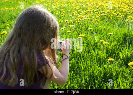 Une jeune fille en photographiant un pré de fleurs avec un appareil photo numérique Banque D'Images