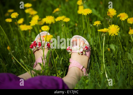 Young Girl lying on grass au milieu des pissenlits Banque D'Images