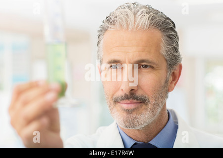 Scientist examining un liquide vert dans le tube. Banque D'Images