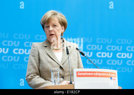 Berlin, Allemagne. 26 mai, 2014. Conférence de presse conjointe après les élections au Parlement européen avec le président de la CDU et la Chancelière allemande, Angela Merkel, et le premier candidat de la CDU à l'élection du Parlement européen, David McAllister réalisée au siège de la CDU sur Mai 26th, 2014 à Berlin, Allemagne./Photo : Angela Merkel, chancelier allemand Crédit : Reynaldo Chaib Paganelli/Alamy Live News Banque D'Images