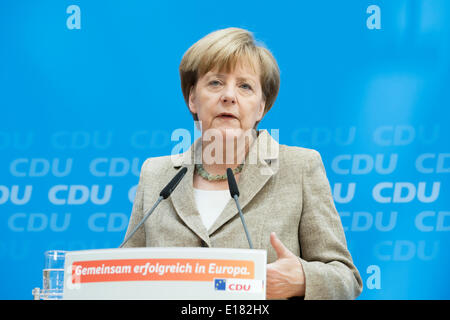 Berlin, Allemagne. 26 mai, 2014. Conférence de presse conjointe après les élections au Parlement européen avec le président de la CDU et la Chancelière allemande, Angela Merkel, et le premier candidat de la CDU à l'élection du Parlement européen, David McAllister réalisée au siège de la CDU sur Mai 26th, 2014 à Berlin, Allemagne./Photo : Angela Merkel, chancelier allemand Crédit : Reynaldo Chaib Paganelli/Alamy Live News Banque D'Images