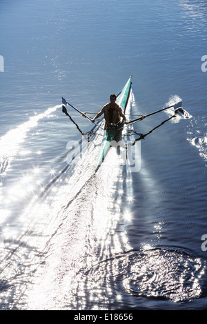 Man rowing scull on lake Banque D'Images