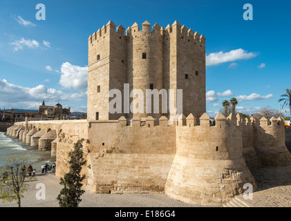La Torre de la Calahorra avec le Guadalquivir, pont romain et la Mezquita en arrière-plan. Cordoue, Andalousie, Espagne Banque D'Images