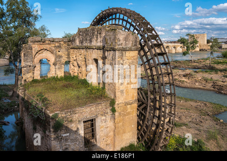 Ancien moulin à eau sur la rivière Guadalquivir avec le pont romain et Torre de la Calahorra derrière. Cordoue, Andalousie, Espagne Banque D'Images