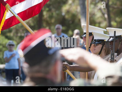 Dana Point, Californie, USA. 26 mai, 2014. Les membres de la communauté, les résidents locaux et d'assister à d'anciens combattants, saluer les couleurs présentées par le 5e Régiment de Marines Color Guard lundi matin.----Dana Point d'Anciens Combattants à l'étranger du Post 9934, avec l'Auxiliaire féminin et la ville de Dana Point, l'hôte de cette année, la cérémonie du Jour du Souvenir au parc des pins à Capistrano Beach. Credit : ZUMA Press, Inc./Alamy Live News Banque D'Images