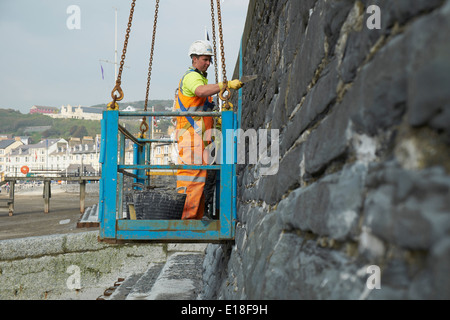 La réparation de mur après les tempêtes de 2014 promenade Aberystwyth Banque D'Images