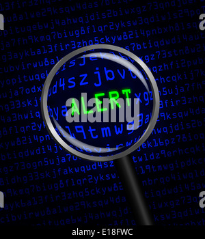 Le mot 'ALERT' en vert révélé en code machine ordinateur bleu à travers une loupe Banque D'Images