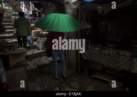 Une femme avec un parapluie dans le marché de Sapa Banque D'Images