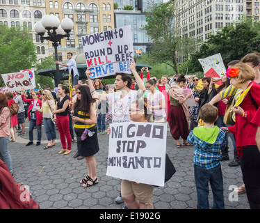 Rassembler les militants à Union Square à New York pour protester contre la société Monsanto et les organismes génétiquement modifiés. Banque D'Images