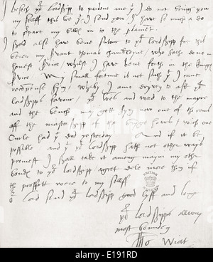 Lettre de Sir Thomas Wyatt. Sir Thomas Wyatt, également orthographié wiat, 1503 -1542. 16e siècle l'ambassadeur anglais et poète lyrique Banque D'Images