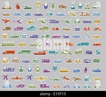 104 Transports icons set autocollants rétro, illustrations vectorielles, silhouettes couleur isolé sur fond gris Illustration de Vecteur