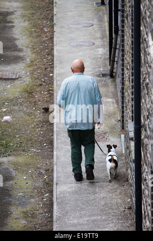 Aberystwyth, Pays de Galles, Royaume-Uni. Un homme chauve et son chien Jack Russell marcher dans une ruelle. Vue de dessus et de l'arrière. Banque D'Images