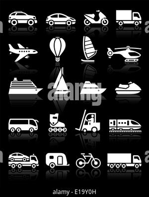 Ensemble d'icônes de transport simple avec réflexion, fond noir Illustration de Vecteur