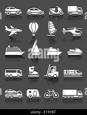 Ensemble d'icônes de transport simple avec réflexion, fond gris Illustration de Vecteur