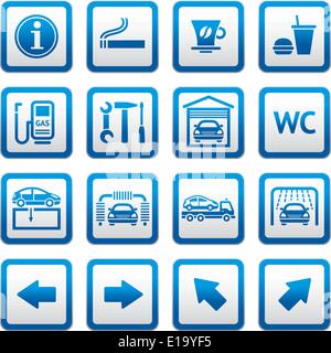Définir des pictogrammes. Location de services. Station d'essence. Les services routiers des symboles. Illustration de Vecteur