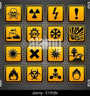 Symboles de danger vecteurs orange signe, sur une surface métallique Illustration de Vecteur