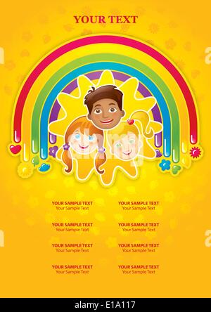 Trois des enfants heureux dans un arc-en-ciel et le soleil - modèle, vector Illustration de Vecteur