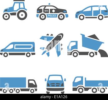 Icônes de transport - un ensemble de douzième. Illustrations vectorielles, silhouettes set isolé sur fond blanc. Bicolor (bleu et gris c Illustration de Vecteur