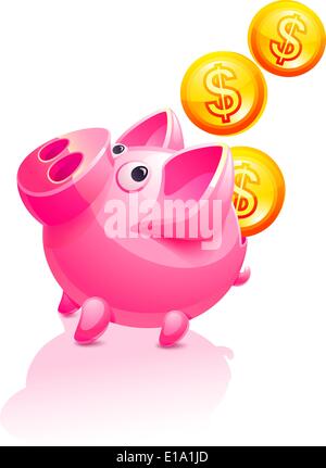 Tirelire et la baisse de l'argent. Icône vecteur cochon Illustration de Vecteur