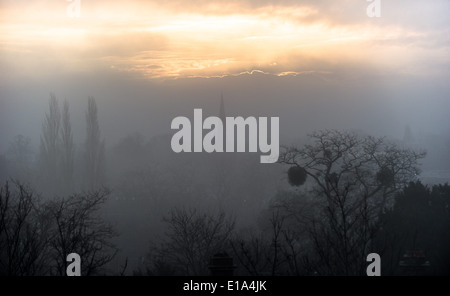 La ville de Cambridge est obscurci par le brouillard comme vu de la colline du Château, le 21 janvier 2014. Banque D'Images