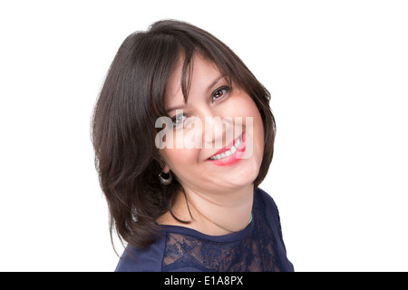 Véritablement, charmé des cheveux sombres smiling business woman looking in à vos yeux Banque D'Images