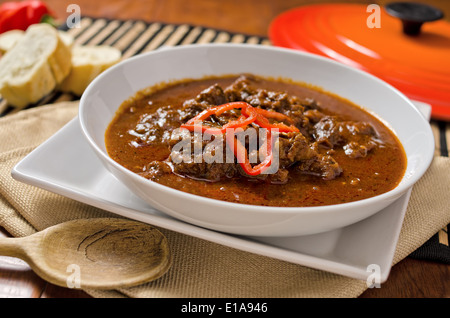 Un bol d'authentique goulasch hongrois avec le paprika et les piments. Banque D'Images