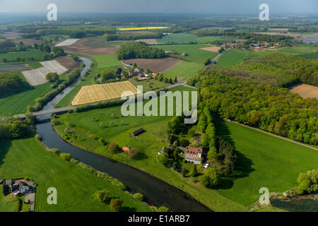 Vue aérienne, l'Hotel-Restaurant Zur Rauschenburg sur la rivière Lippe, Lippeauen, Olfen, Münsterland, Rhénanie du Nord-Westphalie Banque D'Images