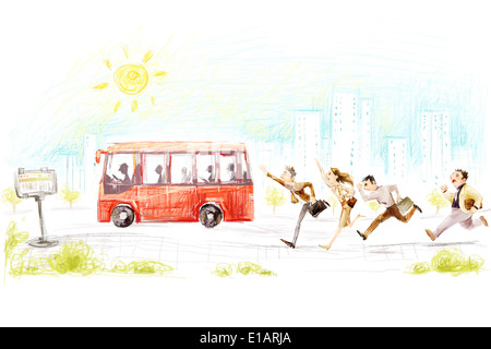 Les banlieusards qui court après le bus Banque D'Images