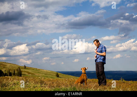 L'homme faisant son chien 'Il', ou Canaries Podenco Hound, homme, Bade-Wurtemberg, Allemagne Banque D'Images