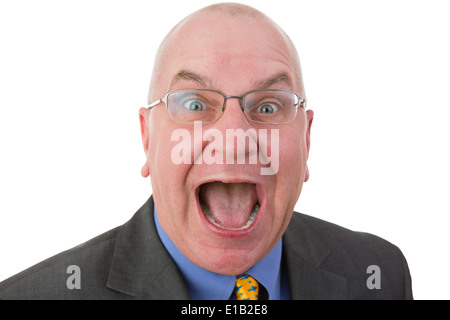 L'homme excité réagir dans la stupéfaction montrant une expression aux grands yeux avec sa bouche ouverte, la tête et épaules portrait on white Banque D'Images