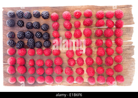 Motif de frais sain humide automne framboises organisé sur le bois pour former drapeau américain 4 juillet food concept Banque D'Images